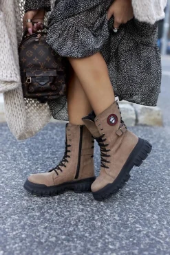 Damskie Botki Trapery Workery Brązowe Monope