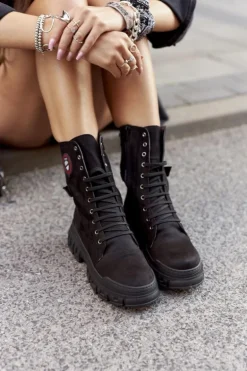 Damskie Botki Trapery Workery Czarne Monope