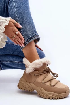 Damskie Botki Trapery Z Futerkiem Beżowe Cresandi