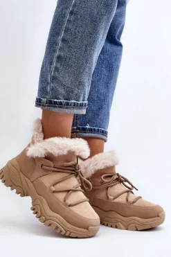 Damskie Botki Trapery Z Futerkiem Beżowe Cresandi