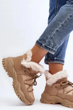 Damskie Botki Trapery Z Futerkiem Beżowe Cresandi