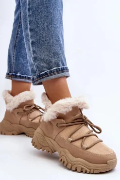 Damskie Botki Trapery Z Futerkiem Beżowe Cresandi