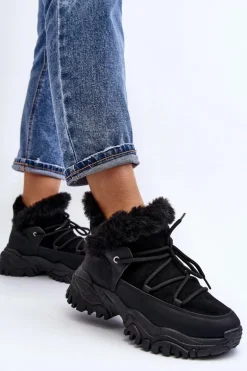 Damskie Botki Trapery Z Futerkiem Czarne Cresandi