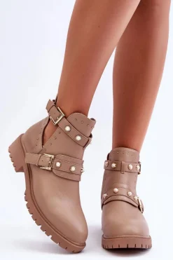 Damskie Botki Trapery Z Perełkami Beżowe Klarisa