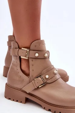 Damskie Botki Trapery Z Perełkami Beżowe Klarisa