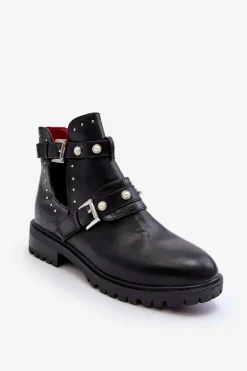 Damskie Botki Trapery Z Perełkami Czarne Klarisa