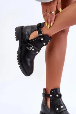 Damskie Botki Trapery Z Perełkami Czarne Klarisa