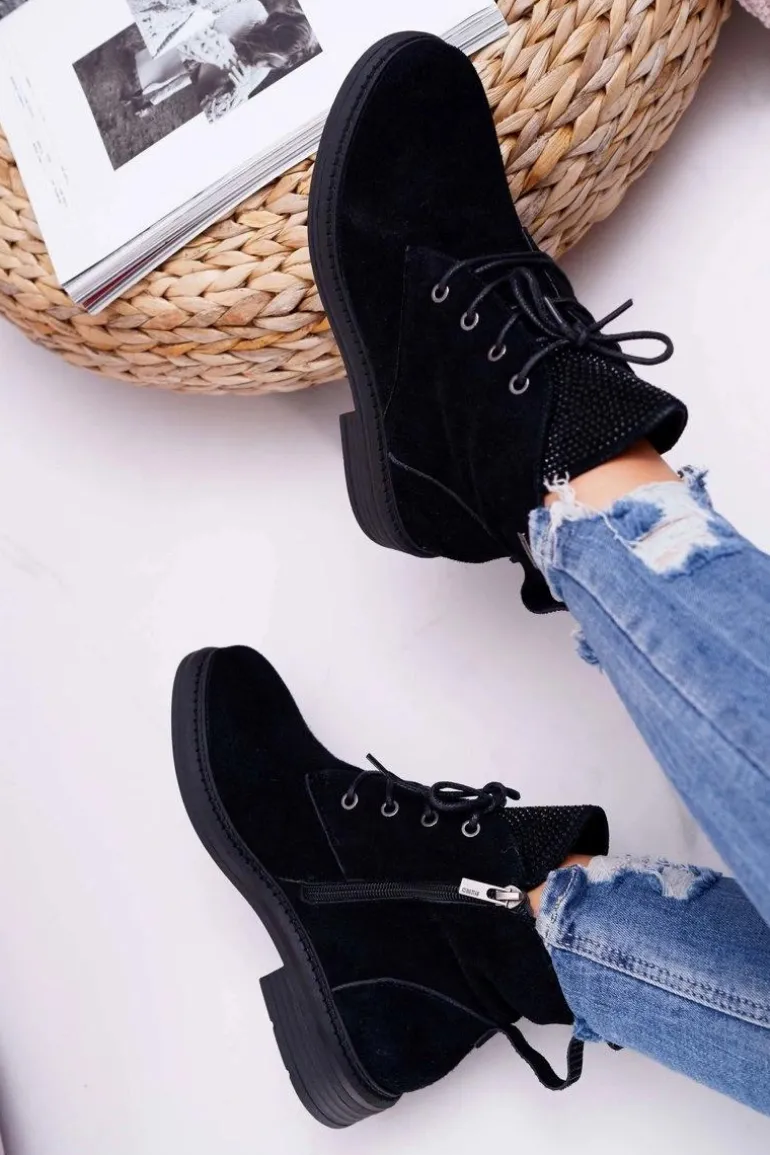 Damskie Botki Workery Big Star Skórzane Czarne EE274508