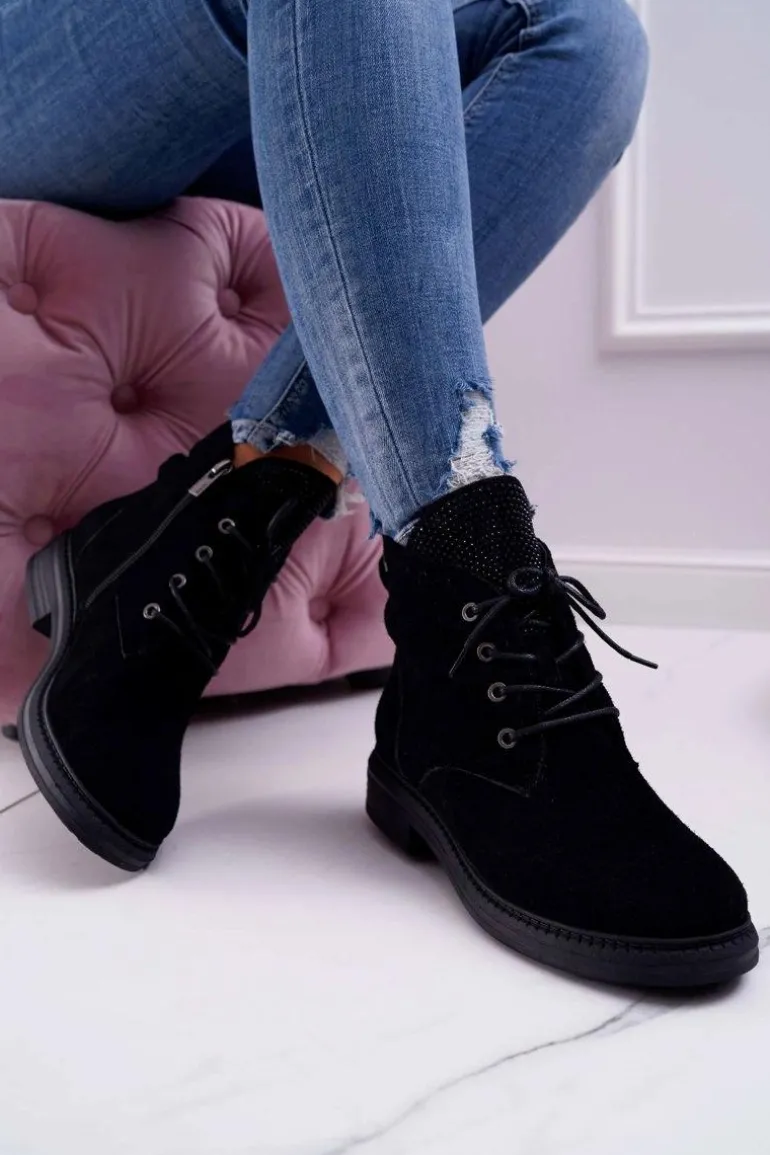 Damskie Botki Workery Big Star Skórzane Czarne EE274508