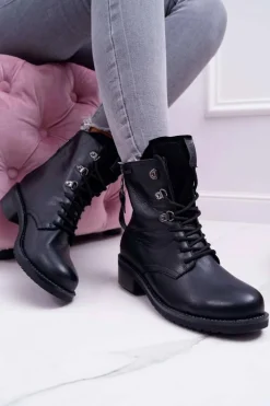 Damskie Botki Workery Big Star Skórzane Czarne EE274506