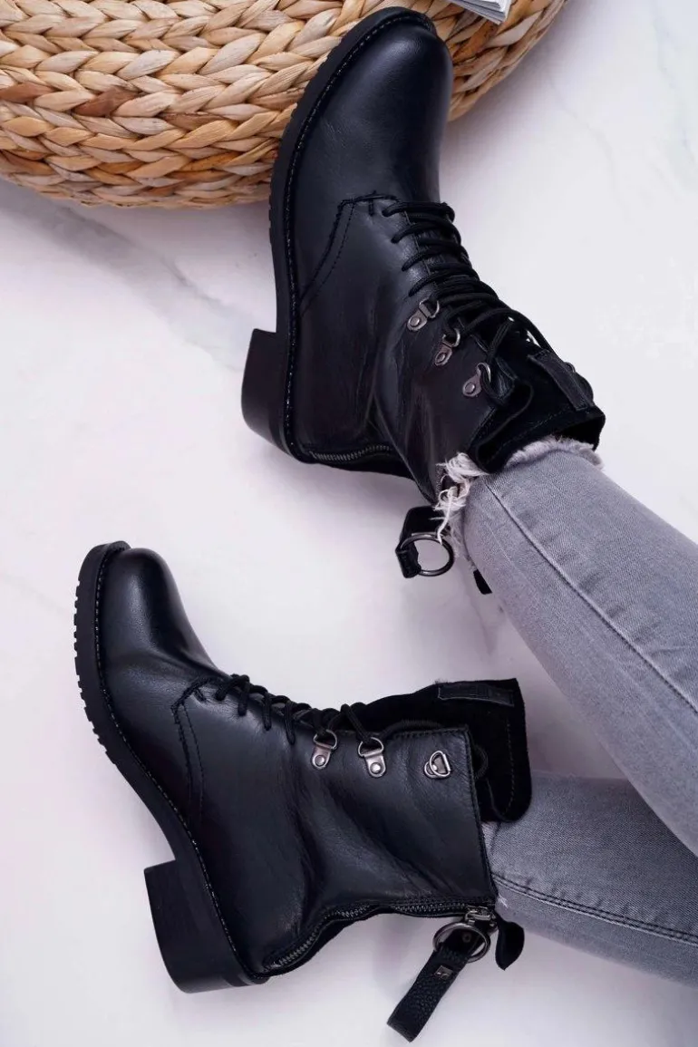 Damskie Botki Workery Big Star Skórzane Czarne EE274506