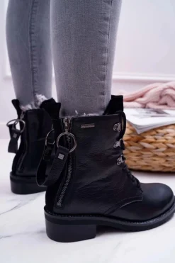 Damskie Botki Workery Big Star Skórzane Czarne EE274506