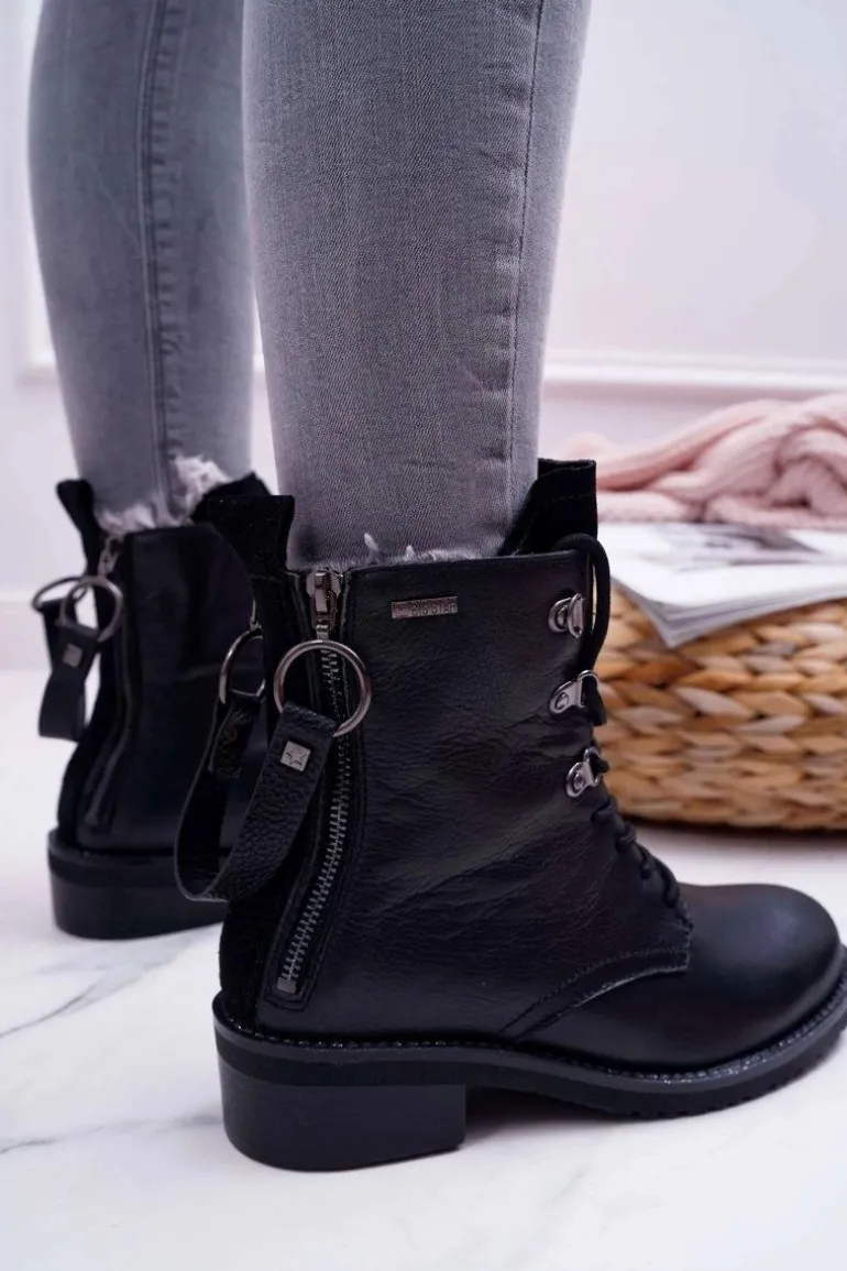 Damskie Botki Workery Big Star Skórzane Czarne EE274506