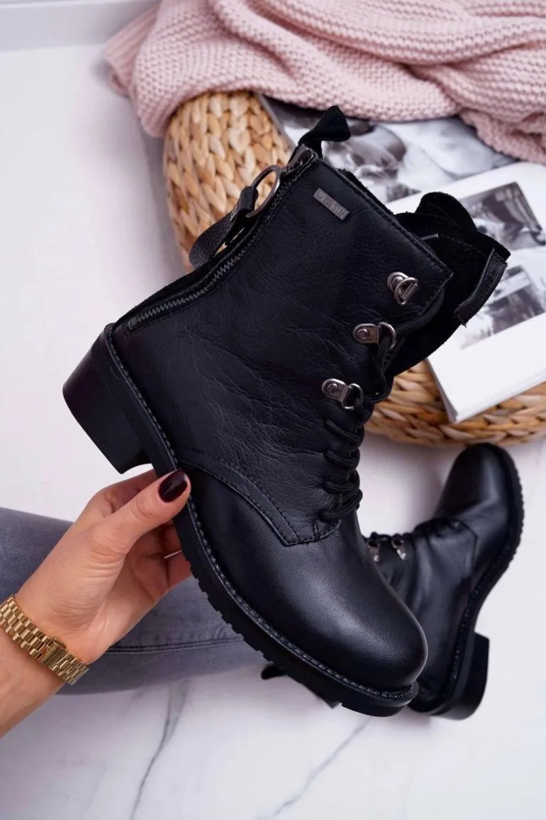 Damskie Botki Workery Big Star Skórzane Czarne EE274506