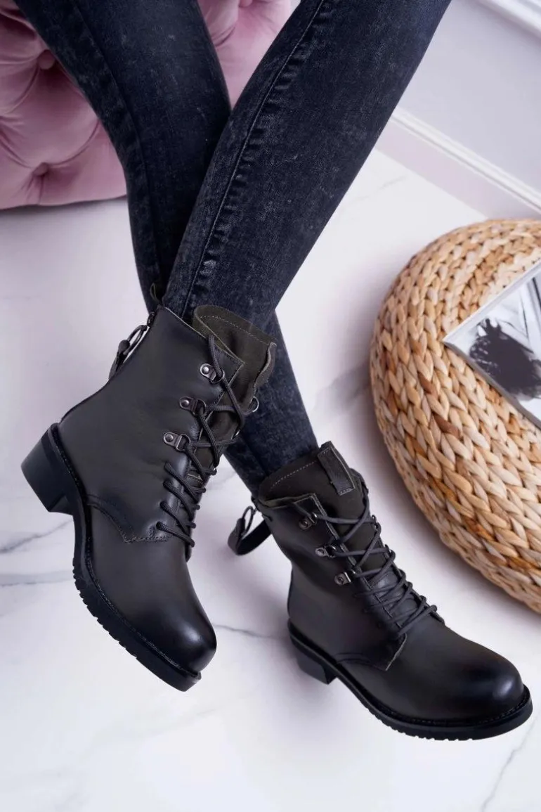 Damskie Botki Workery Big Star Skórzane Szare EE274507