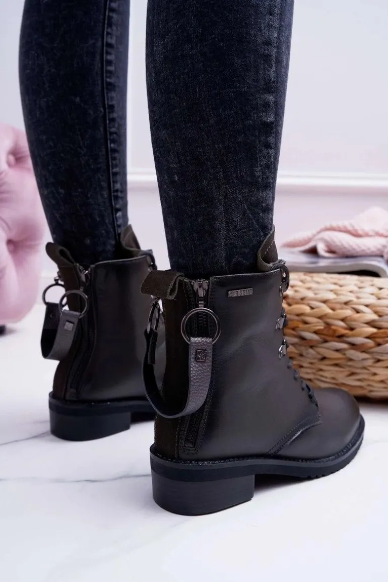 Damskie Botki Workery Big Star Skórzane Szare EE274507