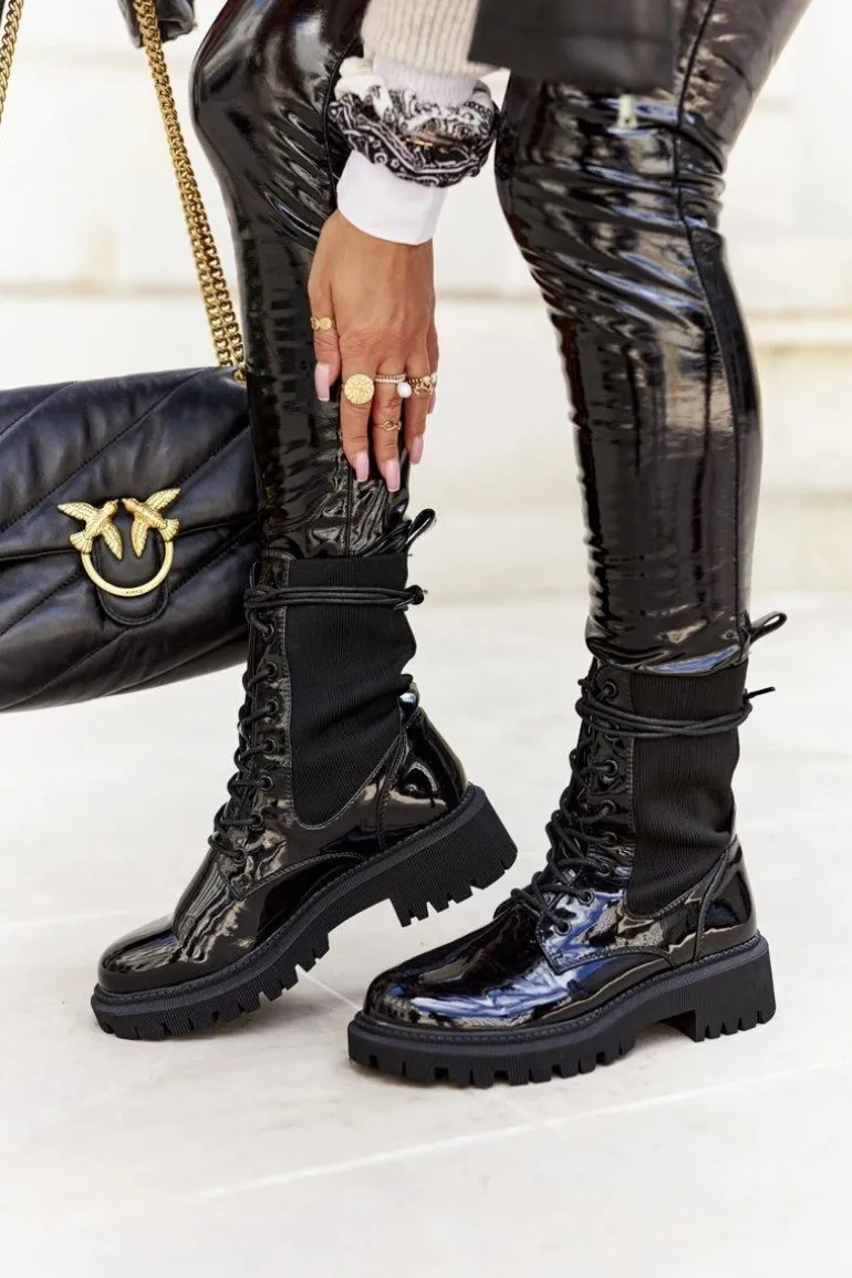 Damskie Botki Workery Lakierowane Czarne Maxine