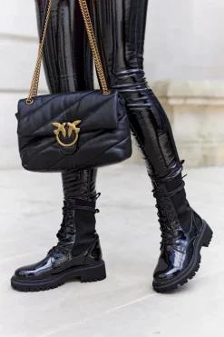 Damskie Botki Workery Lakierowane Czarne Maxine