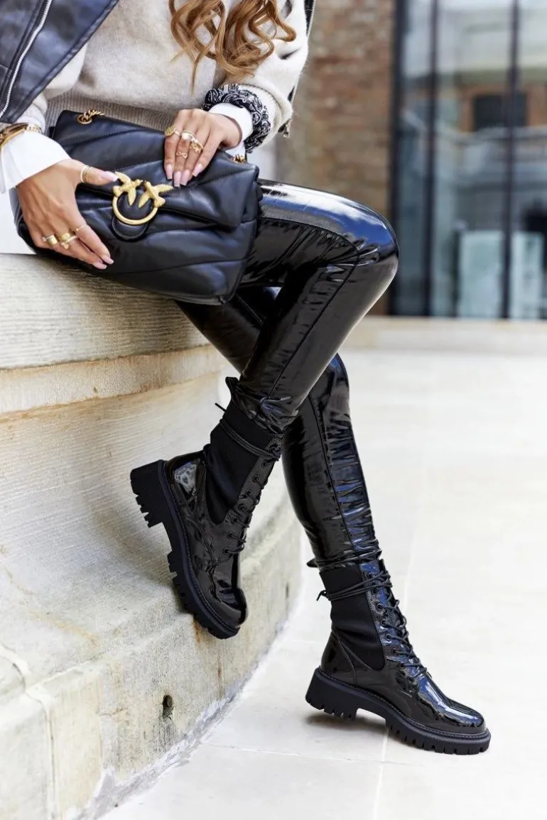 Damskie Botki Workery Lakierowane Czarne Maxine