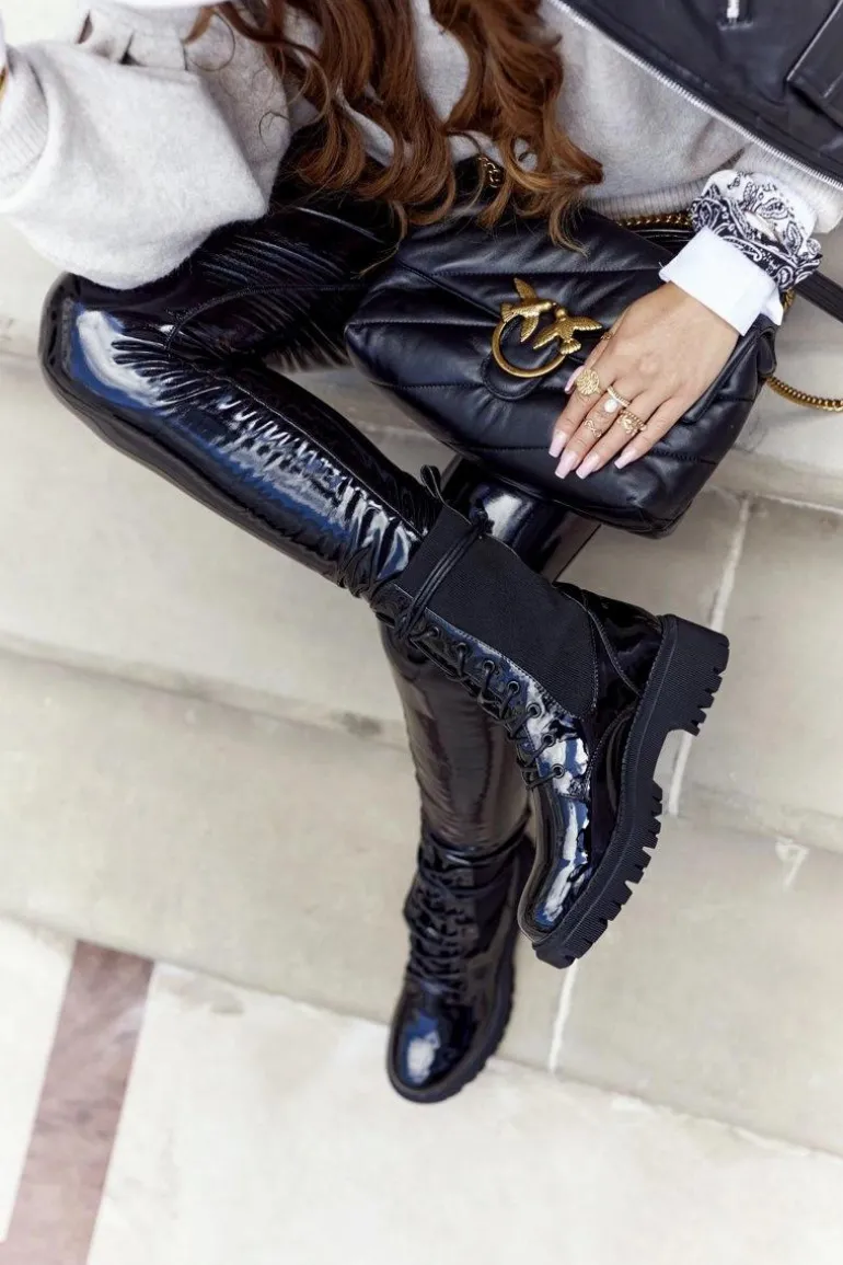 Damskie Botki Workery Lakierowane Czarne Maxine