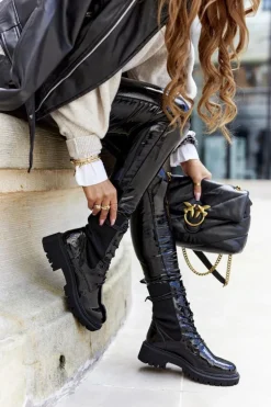 Damskie Botki Workery Lakierowane Czarne Maxine