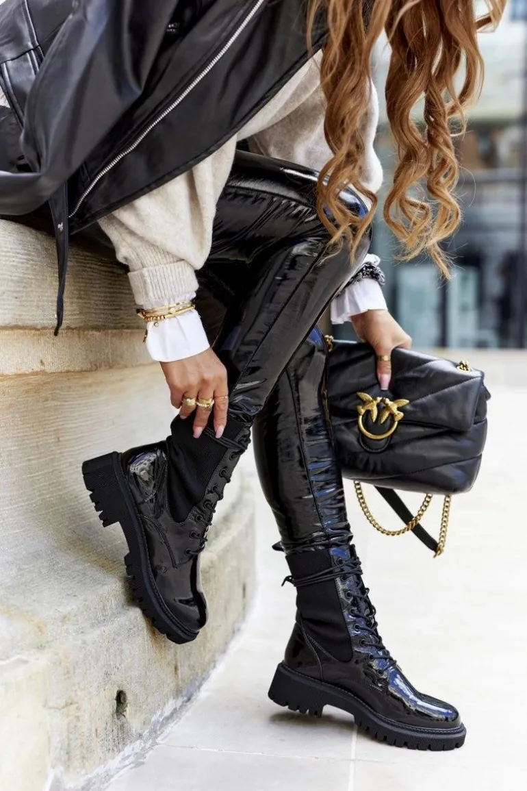 Damskie Botki Workery Lakierowane Czarne Maxine