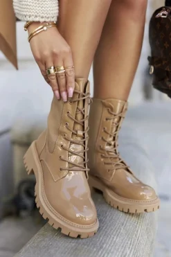 Damskie Botki Workery Lakierowane Khaki Maxine