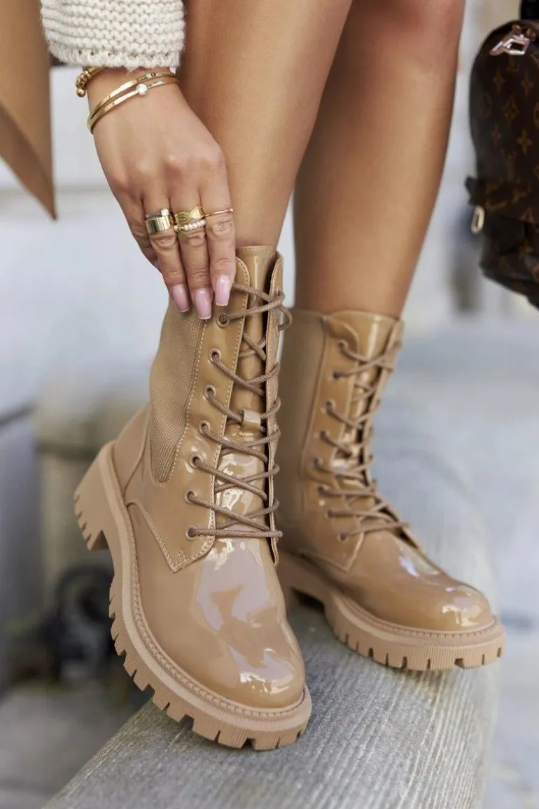 Damskie Botki Workery Lakierowane Khaki Maxine