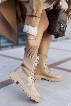 Damskie Botki Workery Lakierowane Khaki Maxine