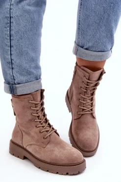 Damskie Botki Workery Na Suwak Ciemnobeżowe Ninsuni