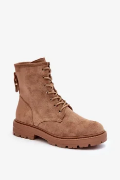 Damskie Botki Workery Na Suwak Jasnobrązowe Ninsuni