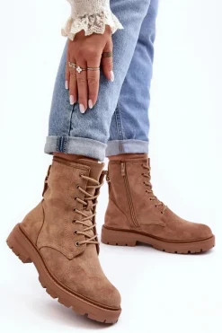 Damskie Botki Workery Na Suwak Jasnobrązowe Ninsuni