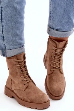 Damskie Botki Workery Na Suwak Jasnobrązowe Ninsuni