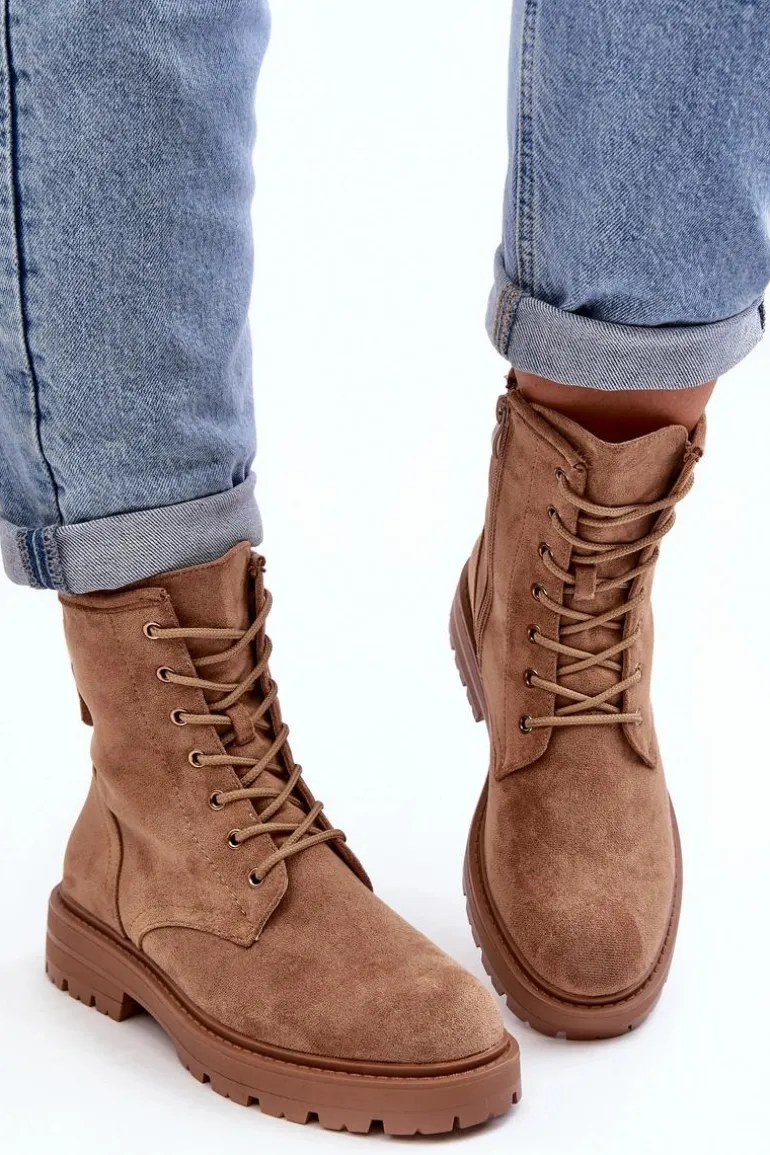 Damskie Botki Workery Na Suwak Jasnobrązowe Ninsuni