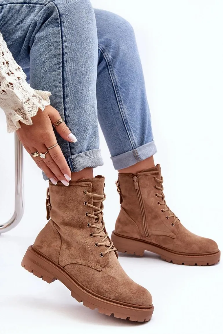 Damskie Botki Workery Na Suwak Jasnobrązowe Ninsuni