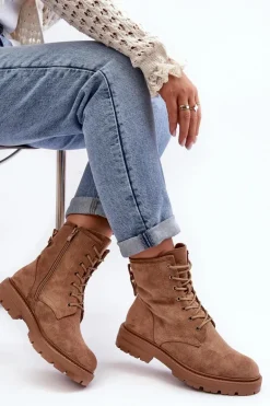 Damskie Botki Workery Na Suwak Jasnobrązowe Ninsuni