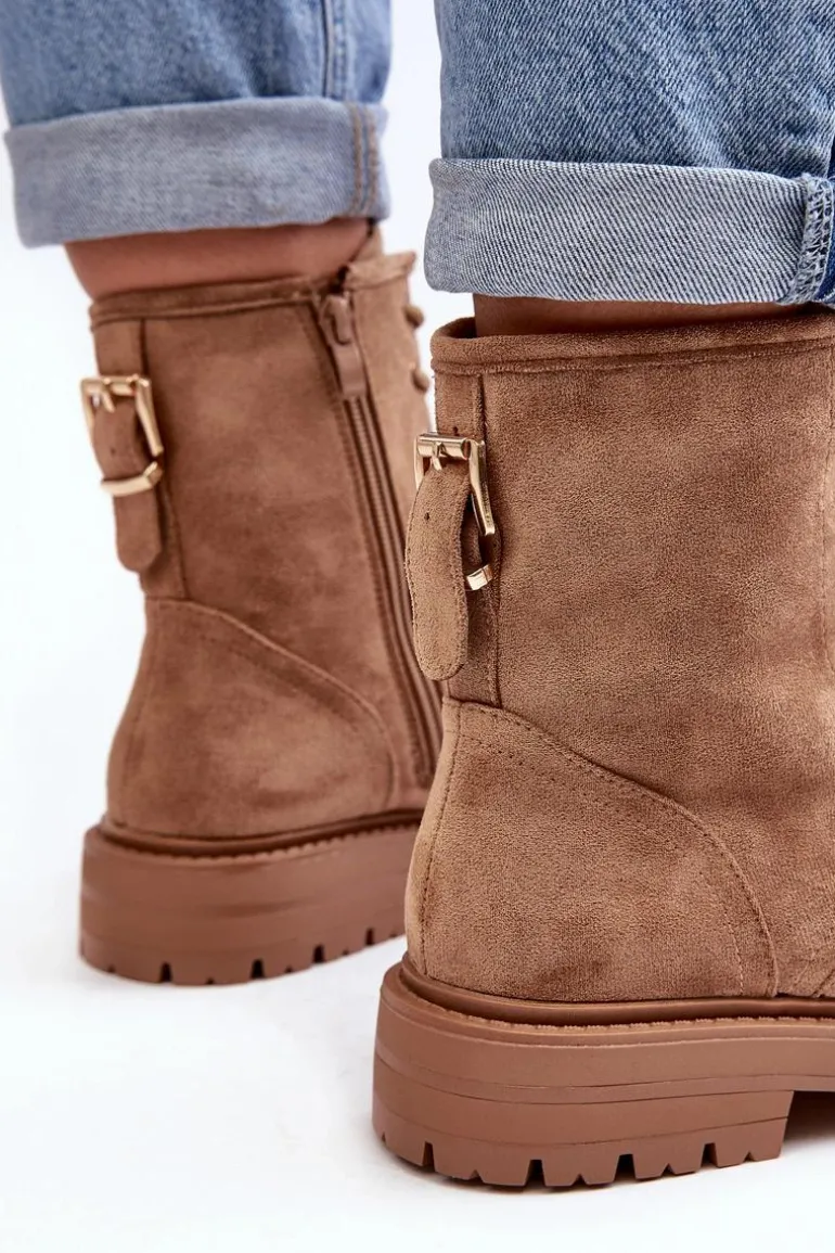 Damskie Botki Workery Na Suwak Jasnobrązowe Ninsuni