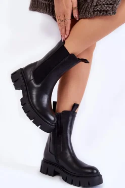 Damskie Botki Workery Na Platformie Czarne Aliana