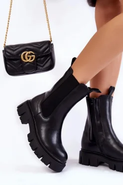 Damskie Botki Workery Na Platformie Czarne Aliana