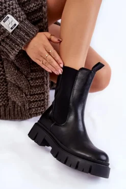 Damskie Botki Workery Na Platformie Czarne Aliana
