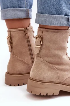 Damskie Botki Workery Na Suwak Jasnobeżowe Ninsuni