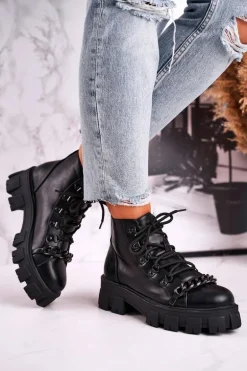 Damskie Botki Workery Na Platformie Czarne Chain