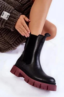 Damskie Botki Workery Na Platformie Czarno-Bordowe Aliana