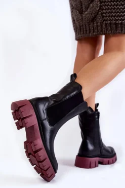 Damskie Botki Workery Na Platformie Czarno-Bordowe Aliana