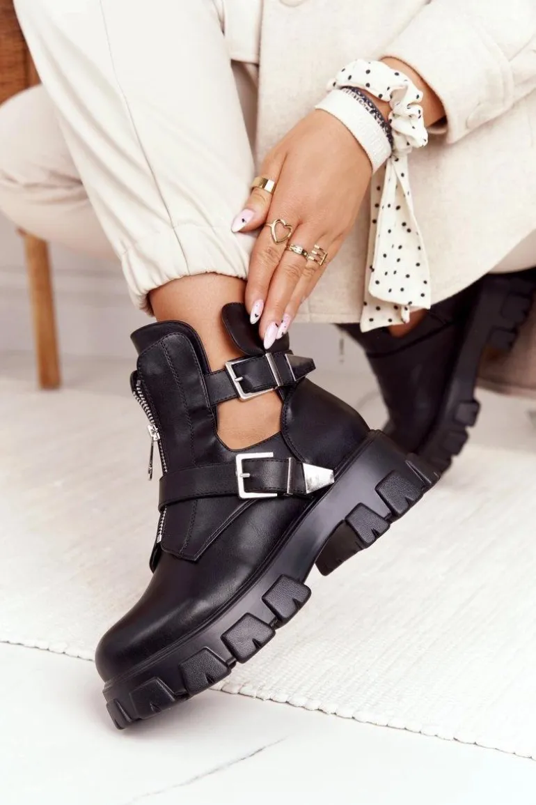 Damskie Botki Workery Na Platformie Czarne Cosmic Love