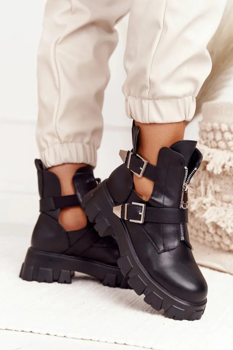 Damskie Botki Workery Na Platformie Czarne Cosmic Love