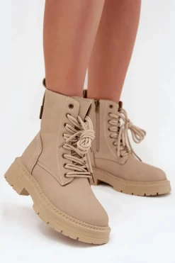 Damskie Botki Workery Na Zamek Beżowe Tirina
