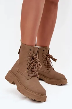 Damskie Botki Workery Na Zamek Ciemnobeżowe Tirina