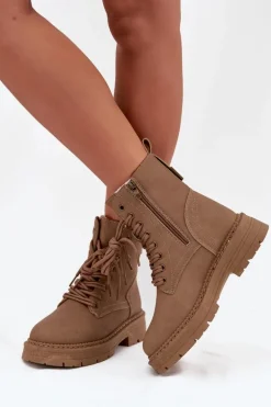 Damskie Botki Workery Na Zamek Ciemnobeżowe Tirina