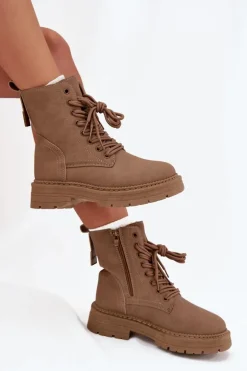 Damskie Botki Workery Na Zamek Ciemnobeżowe Tirina